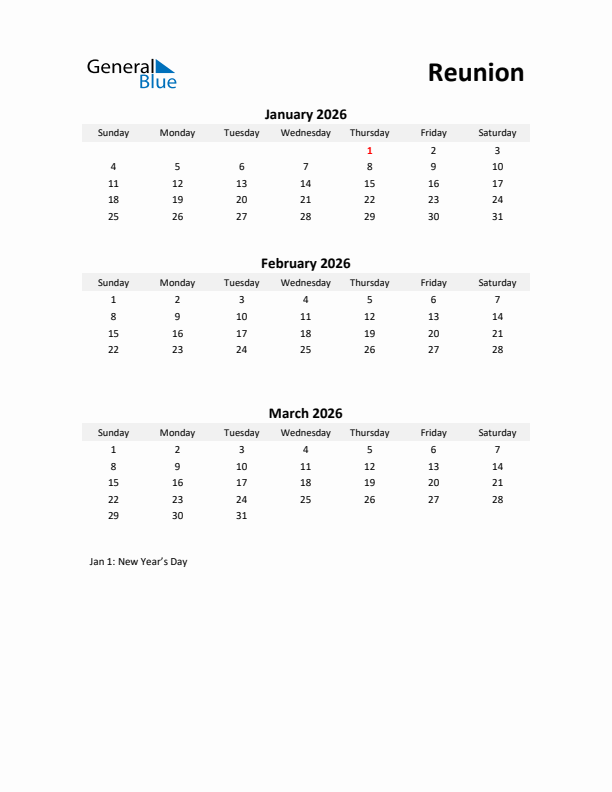 Printable Quarterly Calendar with Notes and Reunion Holidays- Q1 of 2026