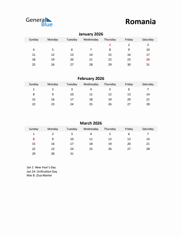 Printable Quarterly Calendar with Notes and Romania Holidays- Q1 of 2026