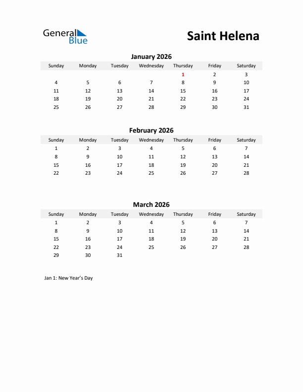 Printable Quarterly Calendar with Notes and Saint Helena Holidays- Q1 of 2026