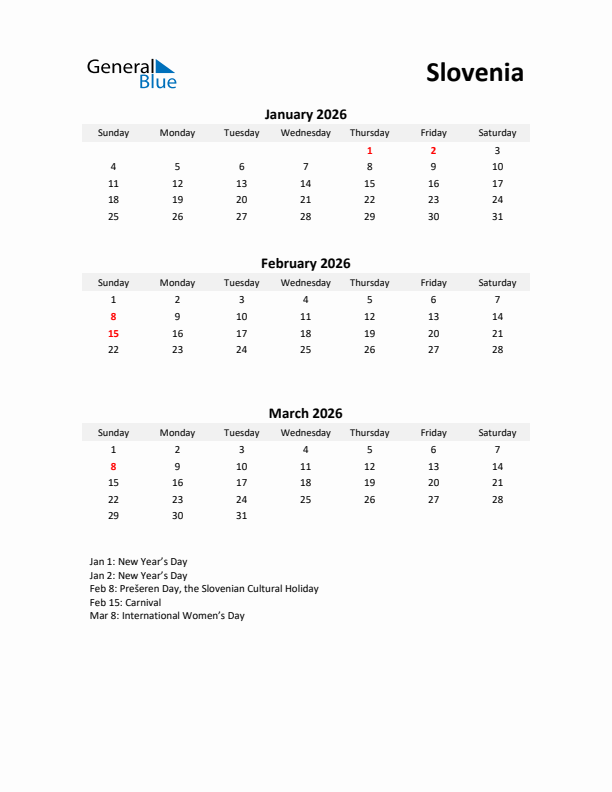 Printable Quarterly Calendar with Notes and Slovenia Holidays- Q1 of 2026