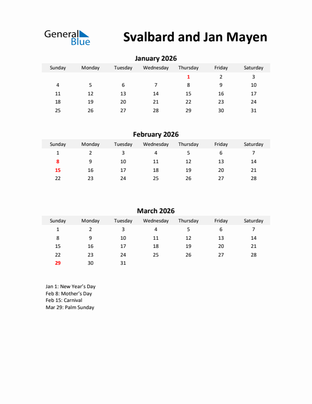 Printable Quarterly Calendar with Notes and Svalbard and Jan Mayen Holidays- Q1 of 2026