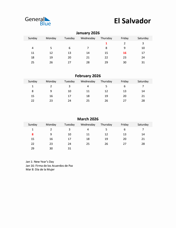 Printable Quarterly Calendar with Notes and El Salvador Holidays- Q1 of 2026