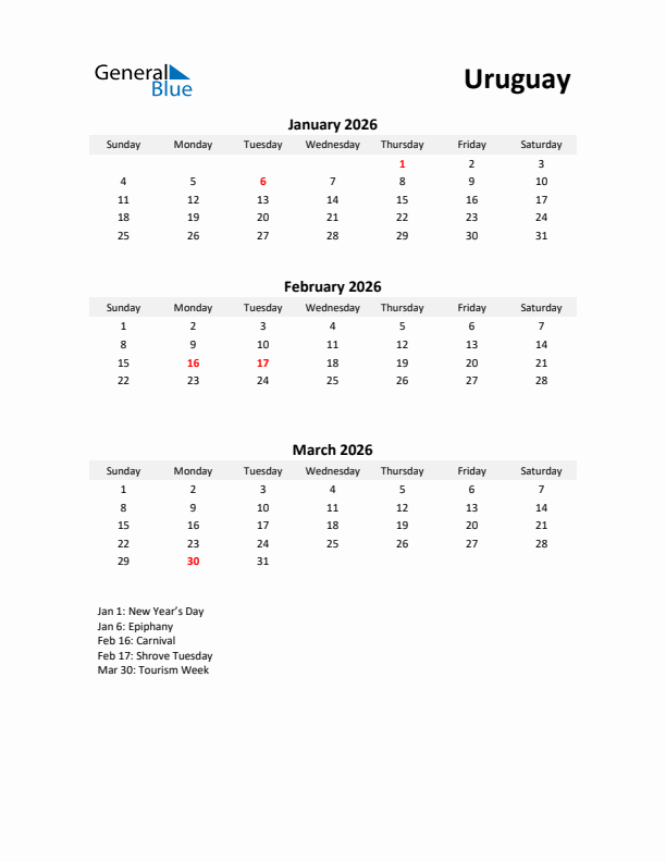 Printable Quarterly Calendar with Notes and Uruguay Holidays- Q1 of 2026