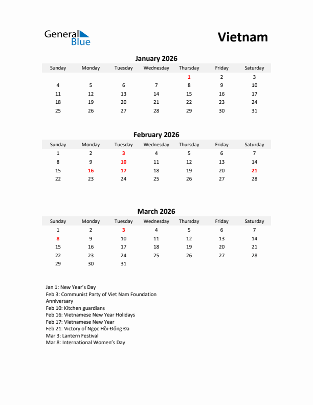 Printable Quarterly Calendar with Notes and Vietnam Holidays- Q1 of 2026