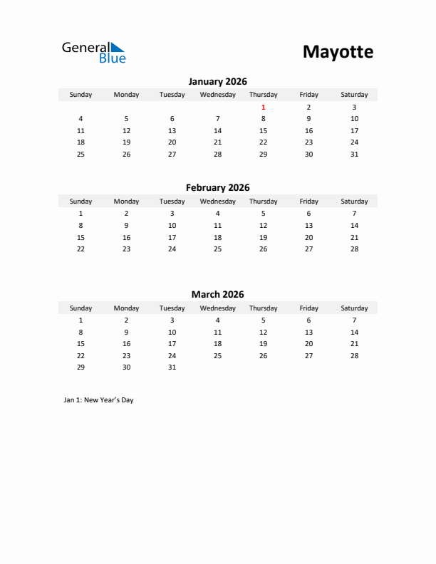 Printable Quarterly Calendar with Notes and Mayotte Holidays- Q1 of 2026