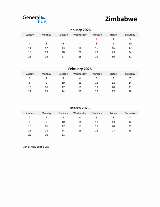 Printable Quarterly Calendar with Notes and Zimbabwe Holidays- Q1 of 2026