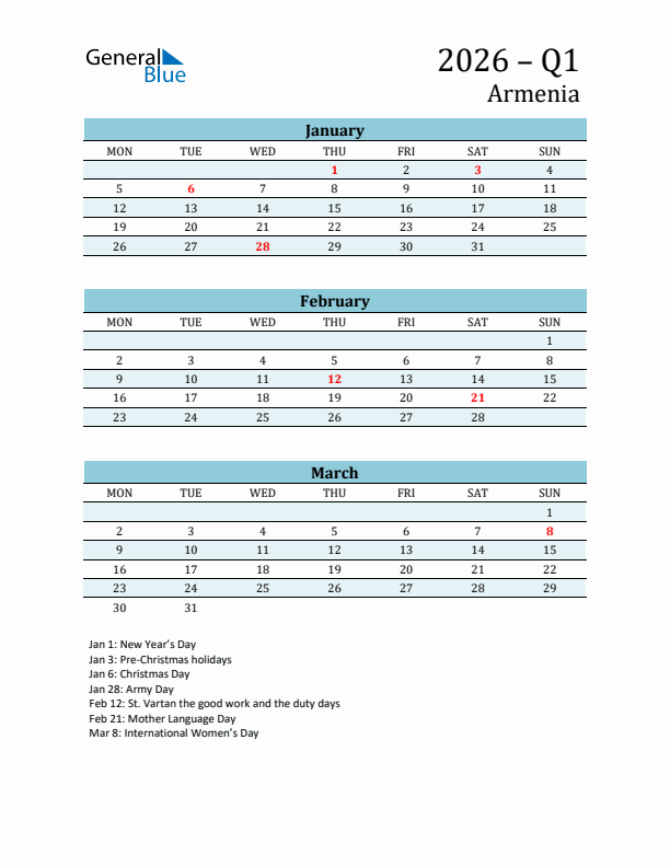 Three-Month Planner for Q1 2026 with Holidays - Armenia