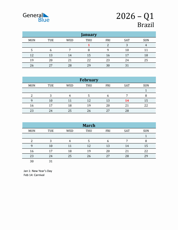 Three-Month Planner for Q1 2026 with Holidays - Brazil