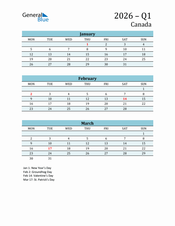 Three-Month Planner for Q1 2026 with Holidays - Canada