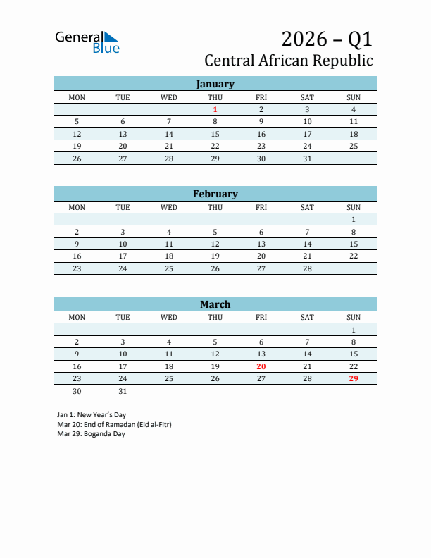 Three-Month Planner for Q1 2026 with Holidays - Central African Republic