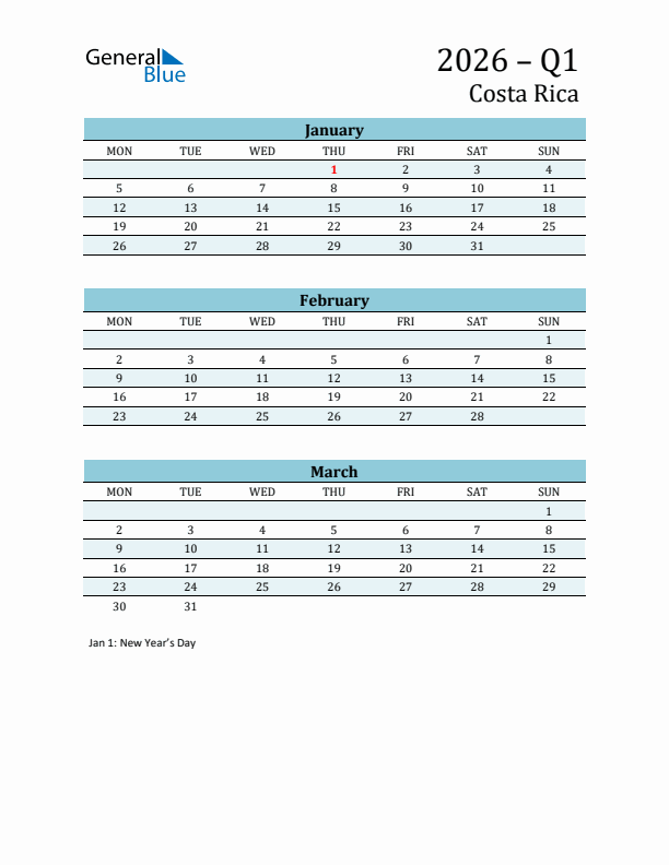 Three-Month Planner for Q1 2026 with Holidays - Costa Rica