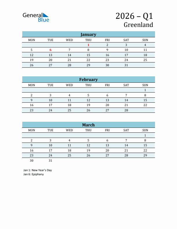 Three-Month Planner for Q1 2026 with Holidays - Greenland