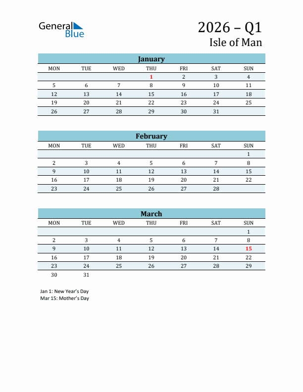 Three-Month Planner for Q1 2026 with Holidays - Isle of Man