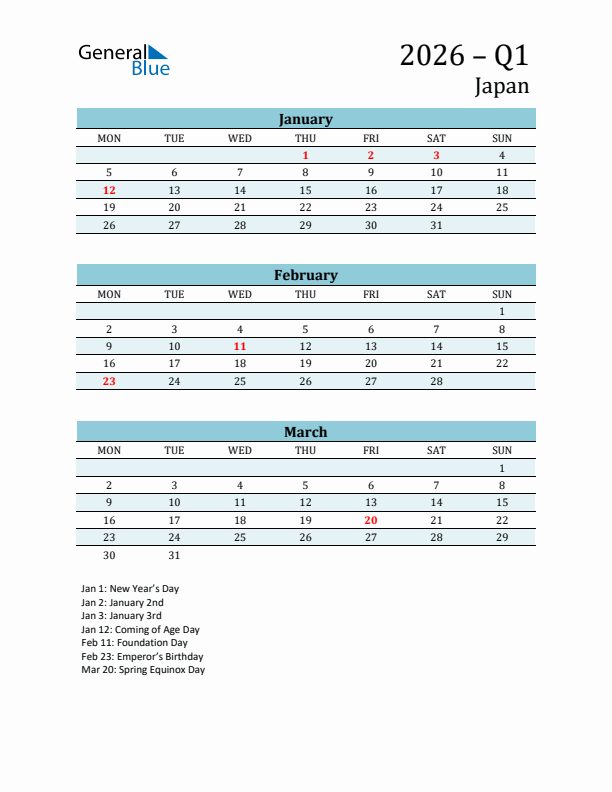 Three-Month Planner for Q1 2026 with Holidays - Japan