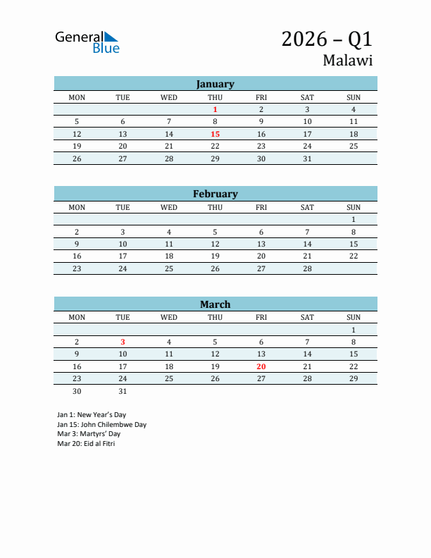 Three-Month Planner for Q1 2026 with Holidays - Malawi