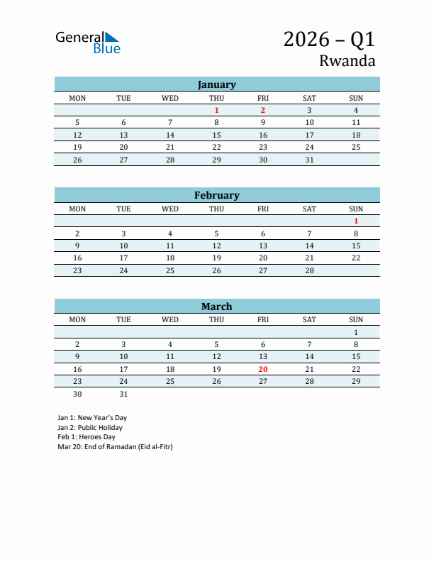 Three-Month Planner for Q1 2026 with Holidays - Rwanda