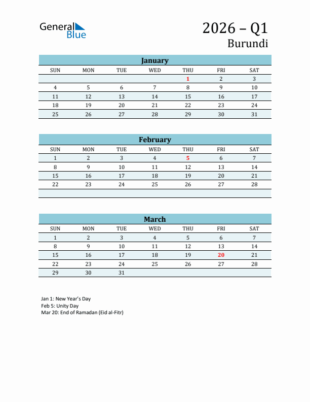 Three-Month Planner for Q1 2026 with Holidays - Burundi