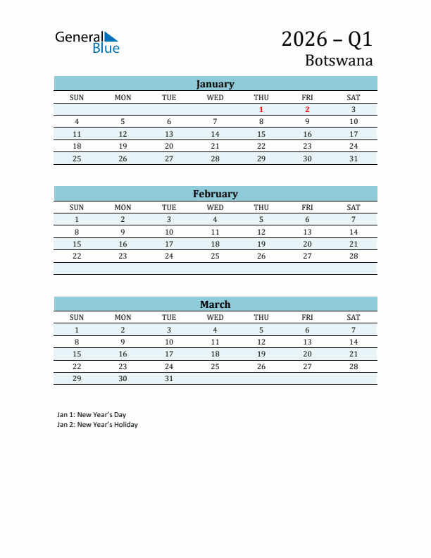 Three-Month Planner for Q1 2026 with Holidays - Botswana