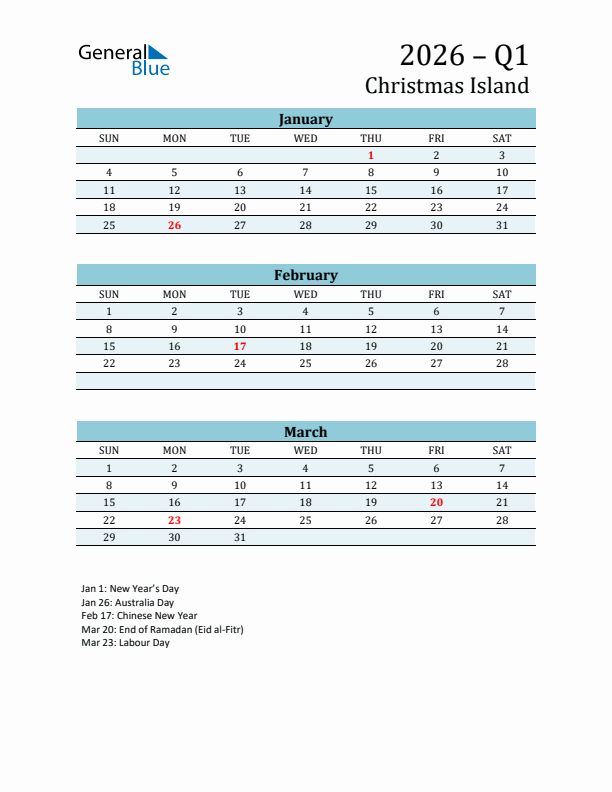 Three-Month Planner for Q1 2026 with Holidays - Christmas Island