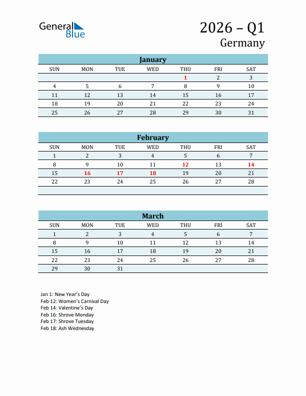 Three-Month Planner for Q1 2026 with Holidays - Germany