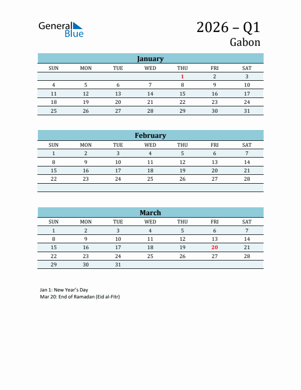 Three-Month Planner for Q1 2026 with Holidays - Gabon