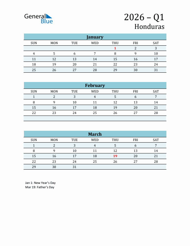 Three-Month Planner for Q1 2026 with Holidays - Honduras