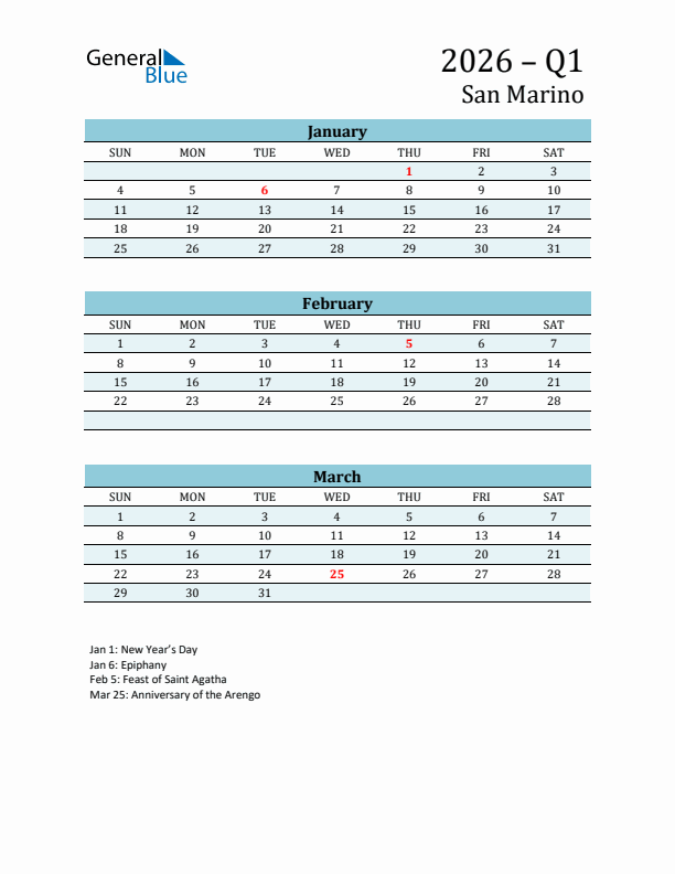 Three-Month Planner for Q1 2026 with Holidays - San Marino