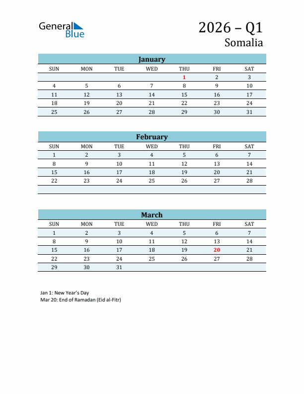 Three-Month Planner for Q1 2026 with Holidays - Somalia