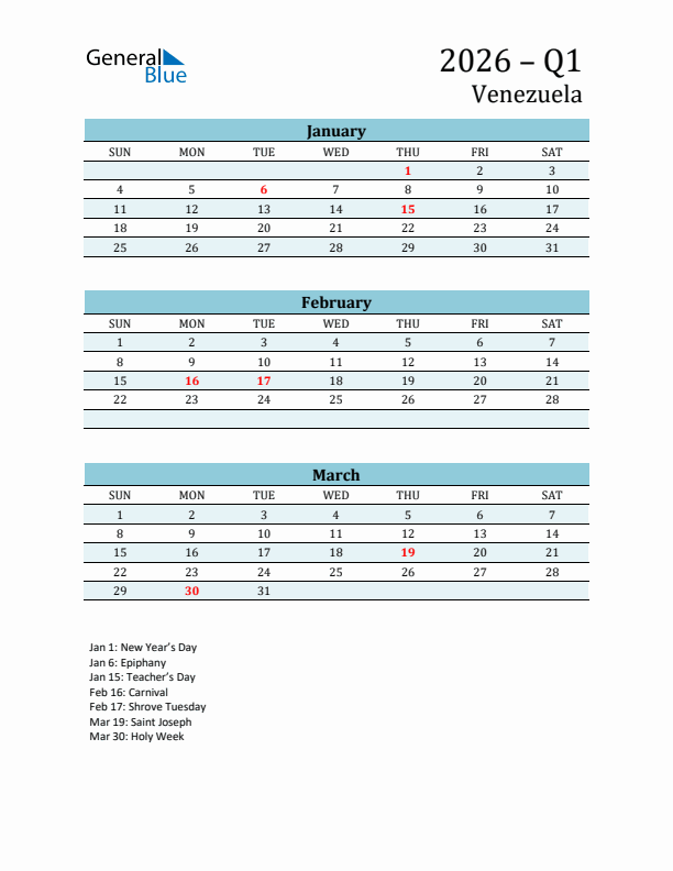 Three-Month Planner for Q1 2026 with Holidays - Venezuela