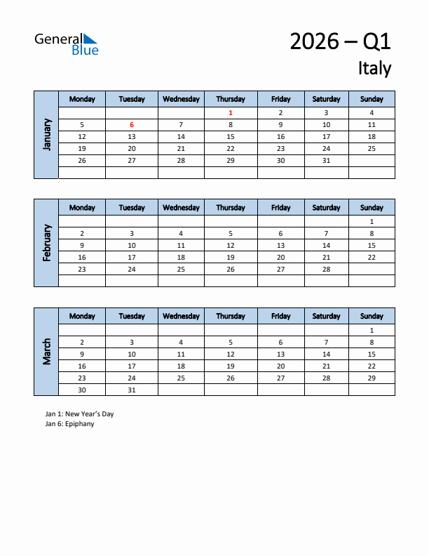 Free Q1 2026 Calendar for Italy - Monday Start