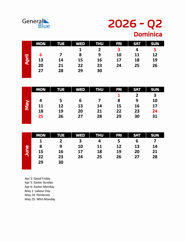 Q2 2026 Calendar with Holidays in Dominica