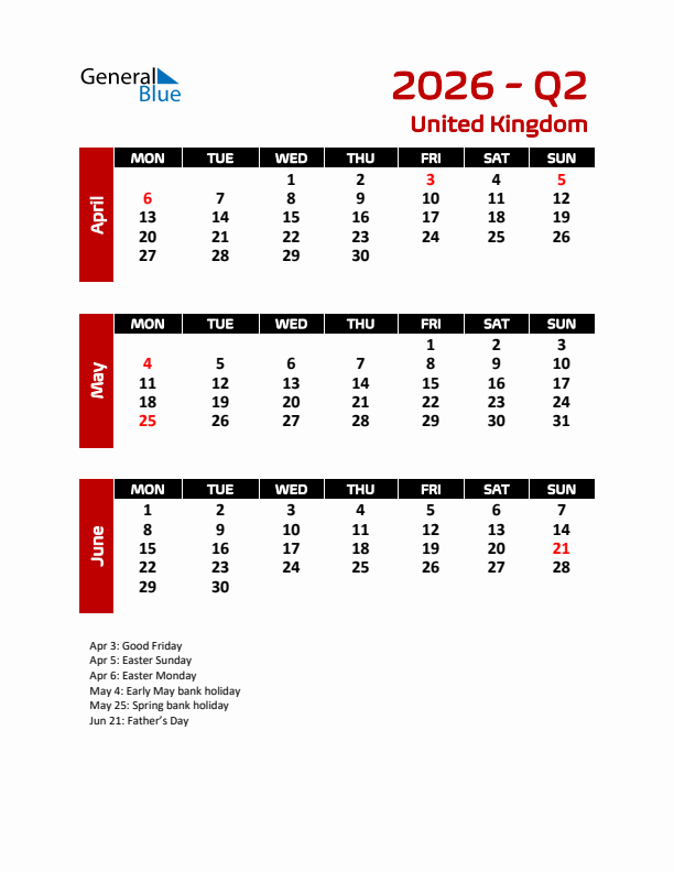 Q2 2026 Calendar with Holidays in United Kingdom