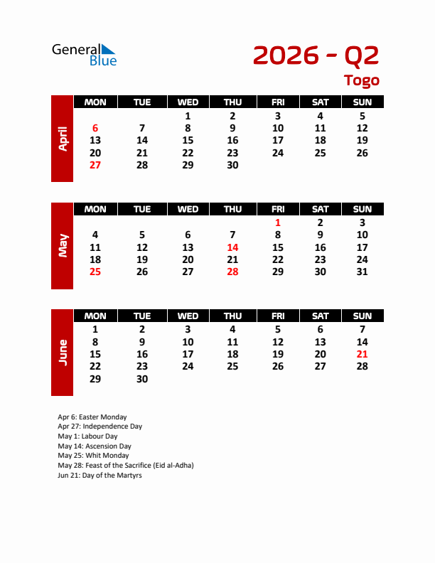 Q2 2026 Calendar with Holidays in Togo