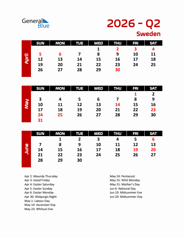 Q2 2026 Calendar with Holidays in Sweden