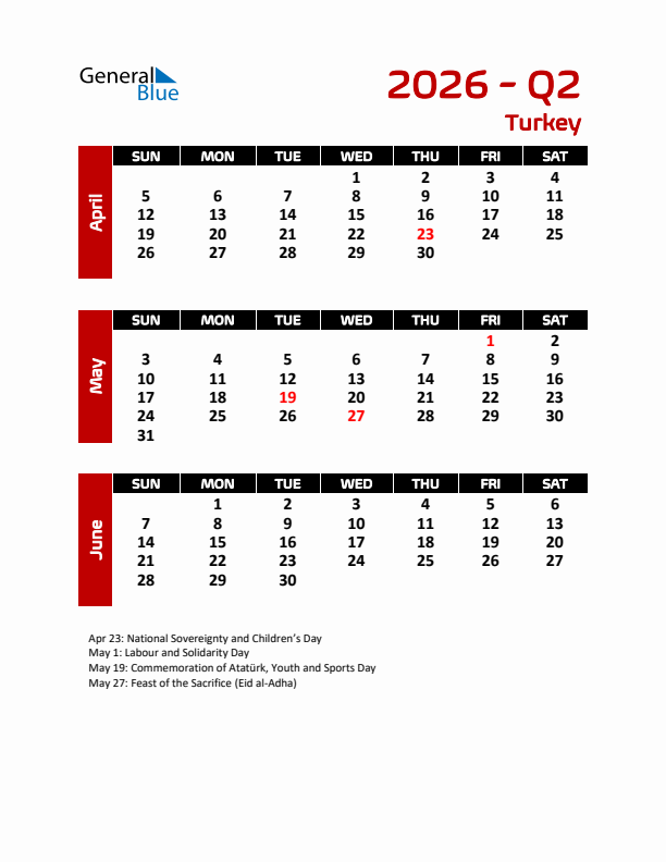 Q2 2026 Calendar with Holidays in Turkey