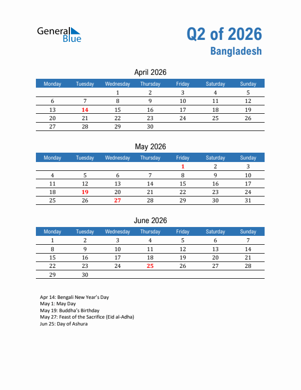 Bangladesh Q2 2026 Quarterly Calendar with Monday Start