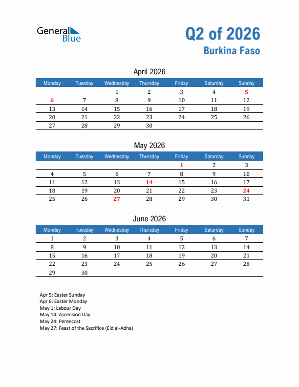 Burkina Faso Q2 2026 Quarterly Calendar with Monday Start