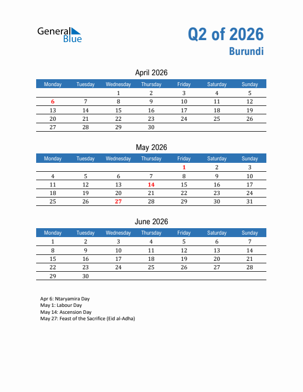 Burundi Q2 2026 Quarterly Calendar with Monday Start