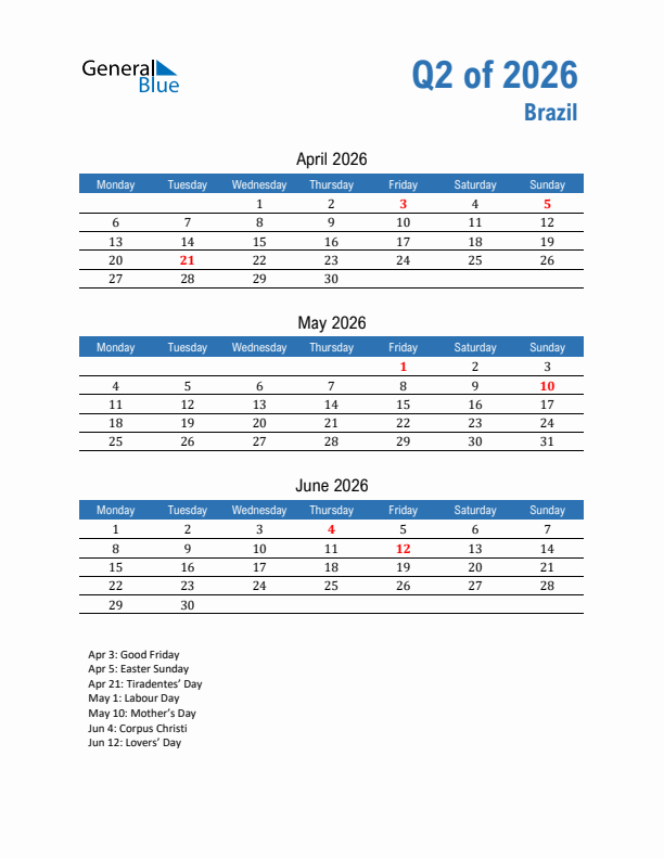 Brazil Q2 2026 Quarterly Calendar with Monday Start