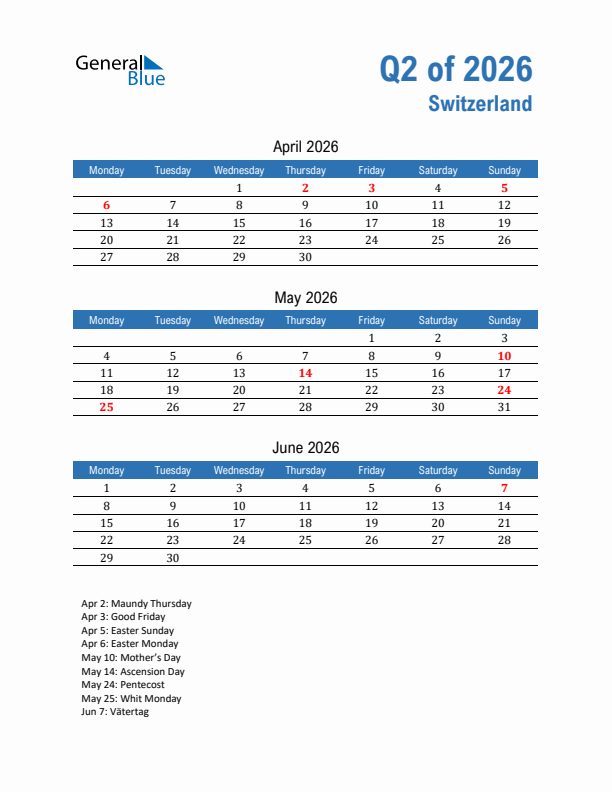 Switzerland Q2 2026 Quarterly Calendar with Monday Start