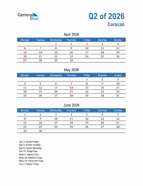 Curacao Q2 2026 Quarterly Calendar with Monday Start