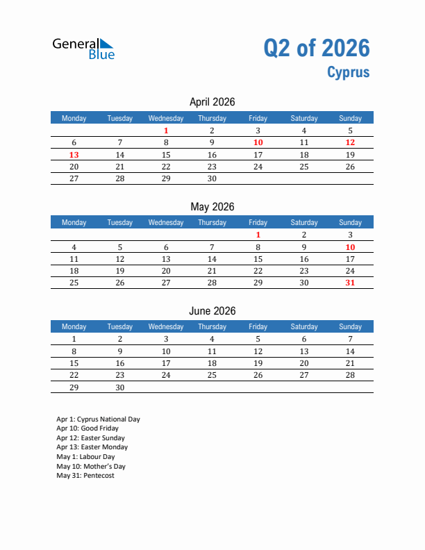 Cyprus Q2 2026 Quarterly Calendar with Monday Start