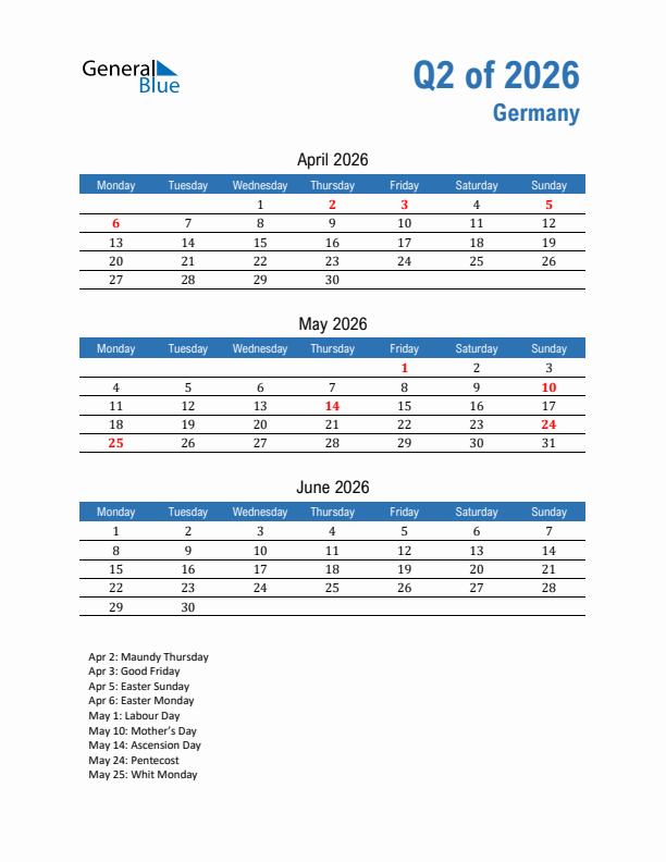 Germany Q2 2026 Quarterly Calendar with Monday Start