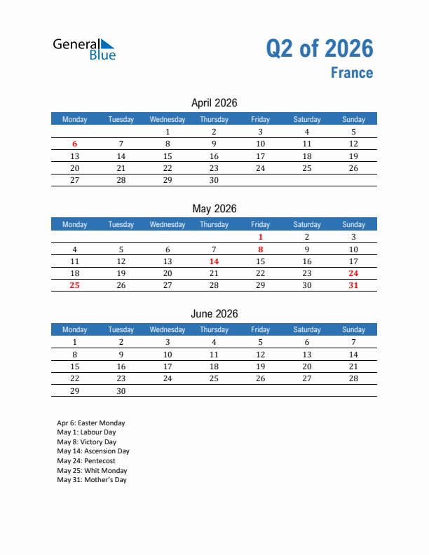 France Q2 2026 Quarterly Calendar with Monday Start