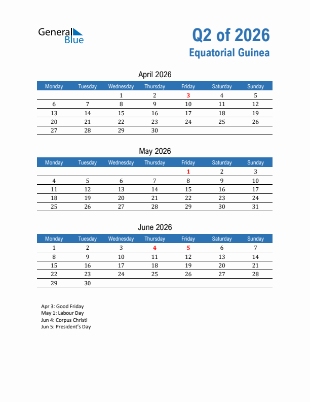 Equatorial Guinea Q2 2026 Quarterly Calendar with Monday Start