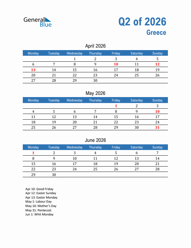 Greece Q2 2026 Quarterly Calendar with Monday Start