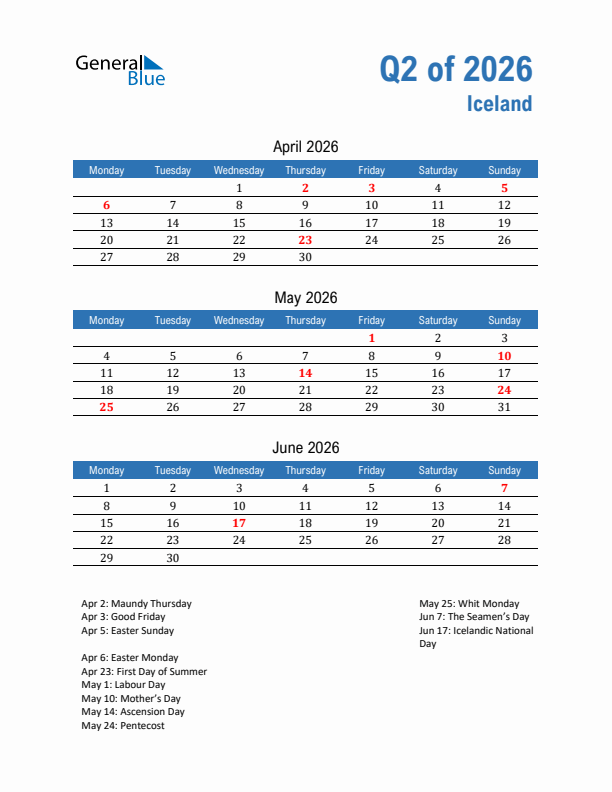 Iceland Q2 2026 Quarterly Calendar with Monday Start