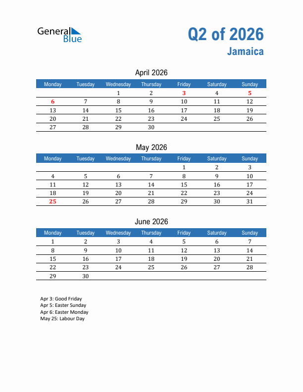 Jamaica Q2 2026 Quarterly Calendar with Monday Start