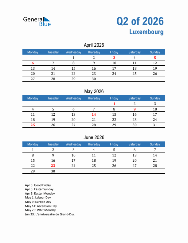 Luxembourg Q2 2026 Quarterly Calendar with Monday Start