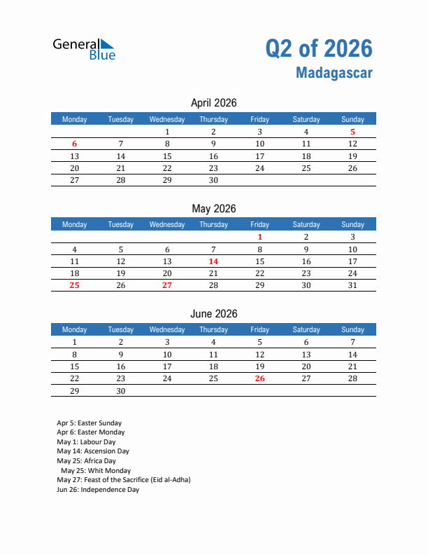 Madagascar Q2 2026 Quarterly Calendar with Monday Start